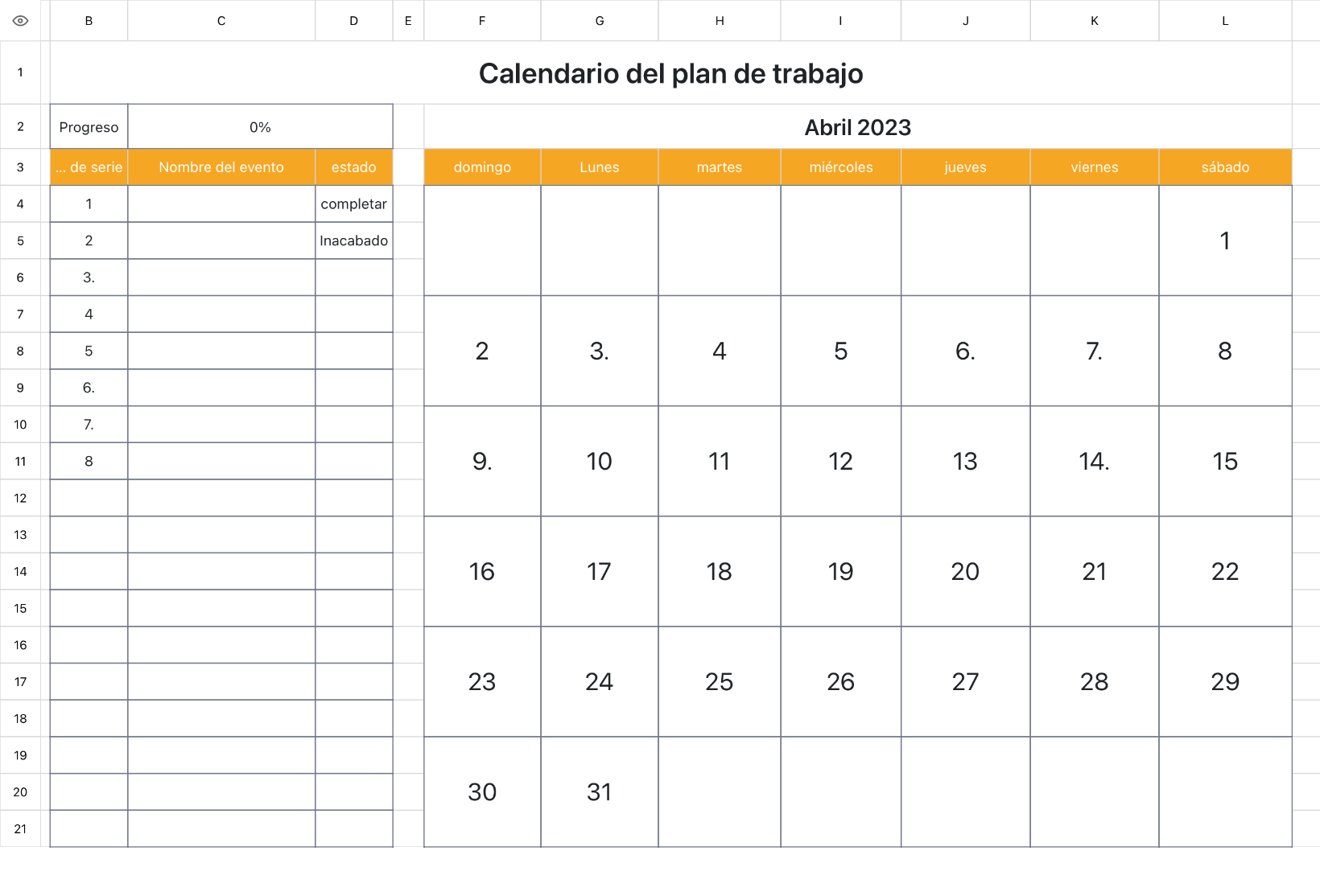 Calendario del plan del proyecto